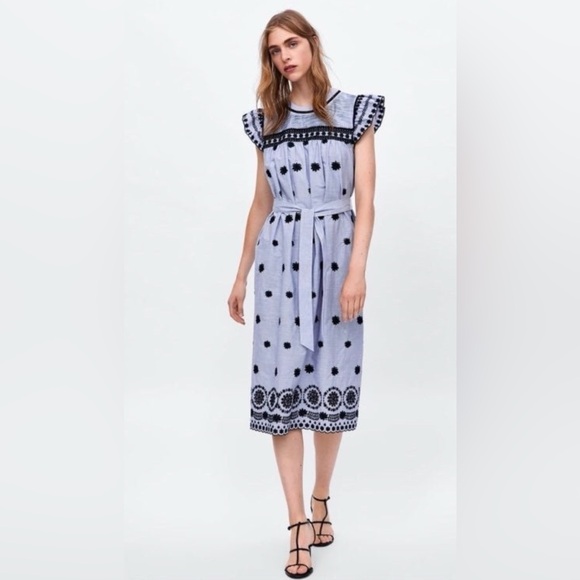 Zara | Embroidered Striped Midi Dress - Picture 3 of 8